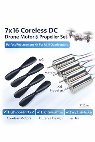 Image of 7x16 Coreless DC Drone Motor with Propeller Set - High Speed 3.7V Micro Motor for Mini Quadcopter, DIY RC Drone Replacement Kit (4 Motors + 4 Propellers)