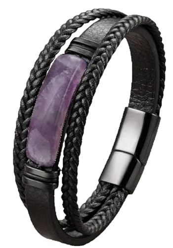 Mens Leather Stone Bracelet, Amethyst & Lapis Lazuli