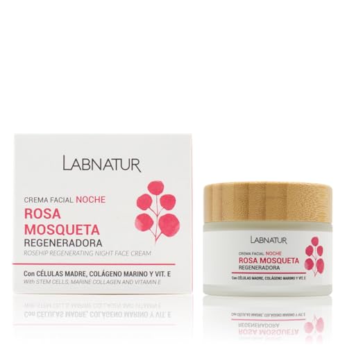 Crema Facial Rosa Mosqueta Noche 50ml Labnatur. Colágeno Marino, Células Madre de Manzana Suiza, Aceite de Avellanas y Aloe Vera. Nutre la Piel y Cicatrizante Natural. Vegano.