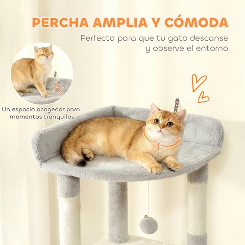 PawHut Árbol Rascador para Gatos Grande, Árbol para Gatos, Altura 170 cm, Torre de Escalada con 7 Postes, 1 Túnel, 3 Plataformas, 2 Cuevas, 1 Hamaca, 1 Percha, 1 Rampa, Pompones, Gris Claro - imagen 4