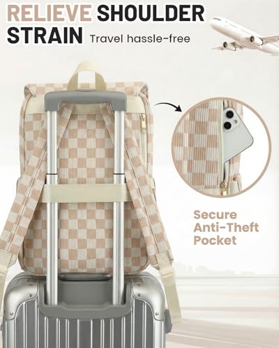 Image of Corduroy Laptop Backpack for Women, Fits 15.6 Inch Computer Bag, College Bookbag Travel Daypack Purse, Work Business Bags - Corduroy Checkered Brown