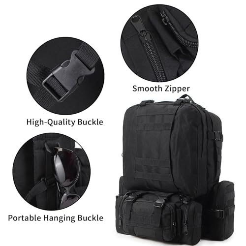 Lizbin Large Tactical Backpack for Men, 55L Military Rucksack, Heavy Duty Black Army Backpack with Detachable Molle Bag - Image 3