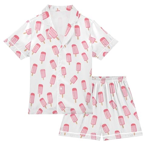 Pink Ice Cream Pajamas Sets Short Sleeve Button Down Sleepwear Silk Stain Pjs for 5-14Y