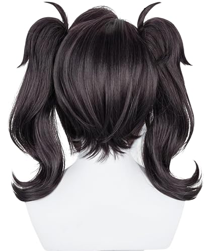 Image of Half and Half Black Ponytail Wig with Bangs Short Curly Black Anime Lolita Cosplay Wigs + Hairpins + Red Ribbons Black Twin Tails Wig for Women Halloween Party