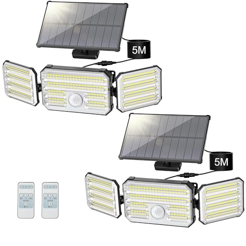 Giliwosy Lampe Solaire Extérieur avec Détecteur de Mouvement, Lumière Solaire Extérieur avec Télécommande 4 modes 7000K 2000mAh IP67 Étanche, 2 Pièces