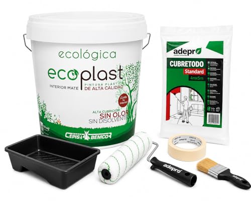 CEPLAST Kit Pintura Ecológica Interior 4L – Certificado Ecolabel, Sin Olor y Baja Emisión, Incluye Rodillo, Cubeta y Accesorios – Pintura Blanca Mate para Hogar Saludable