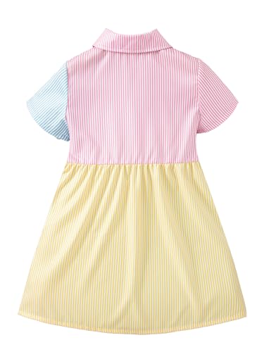 Toddler Little Girl's Shirt Dress Striped Color Block Button Down Short Sleeve Dresses Size 1-82