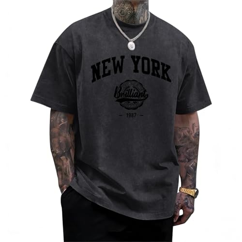 Qiopioiy New York T Shirt Acid Wash Oversized Tshirts for Men 1987 Vintage Graphic Tees Y2k Inspirational Streetwear Shirts(Black M)