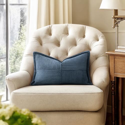 Image of MIULEE Decorative Lumbar Throw Pillow Covers for Couch Bed Livingroom 12x24 Inch Set of 2 Blue Boho Accent Throw Pllows Broadside Striped Patchwork Soft Corduroy Summer Coastal Pillowcases