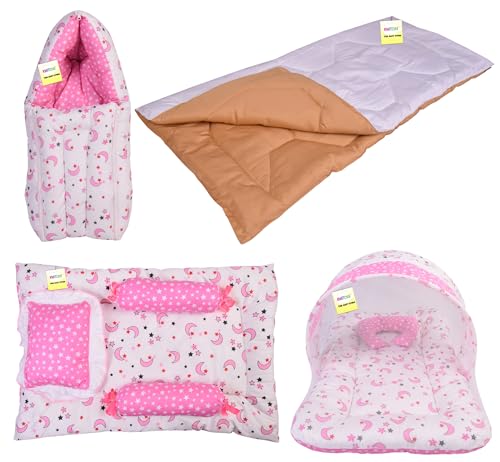 Image of Kwitchy New Born Bedding Combo of Baby Mattress with Net | Gaddi Set | Comforter (0-6 Months) Pink (4PCS Set)