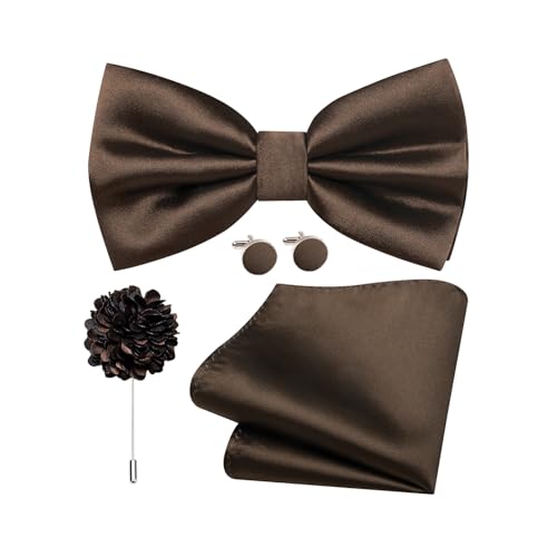Dubulle Satin Pre-tied Bow Ties for Men Dark Brown Solid Adjustable Bowties Pocket Square Lapel Pin Cufflinks 4PCS Set Business Wedding