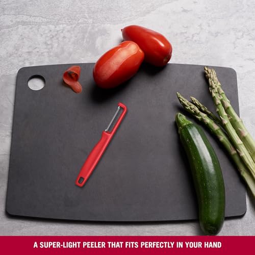 Image of Victorinox Swiss Made Stainless Steel Swiss Classic Iota Peeler, Serrated Double-Edge Peeler for Professional and Household Kitchen, Red, Soft Skin Fruit & Vegetable Peeler | 6.0943.1