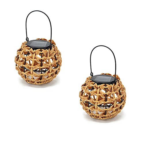 KINGCOO Farol solar de hierro forjado con bola de ratán LED para exteriores, impermeable, luces decorativas con asa para Navidad, decoraciones, jardín, porche, césped (color claro, 2 unidades)