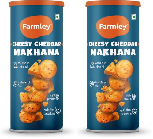 Image of Farmley Roasted and Flavoured Cheesy Cheddar Makhana | Namkeen Snacks & Puffed Snacks | Healthy Snack | Cholesterol Free | Gluten Free | Rich In Protein & Fiber | Roasted in Olive Oil - 77g Jar