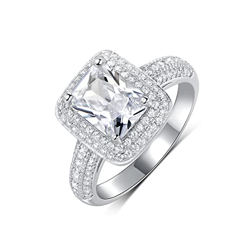 Gemsme 18K White Gold Plated Square Cubic Zirconia Promise Ring Halo Wedding Engagemen Ring for Women