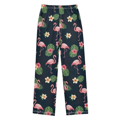 CHIFIGNO Size 9-10 Boys Pants Tropical Leaves Flamingos Black Boys Home Pants, Big Boys Pants with Pockets