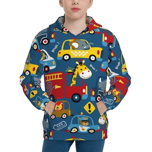 Vehicles Cartoon with Animal Drivers Kid Hoodies Boys Sweatshirts Girls Pullover with Pocket