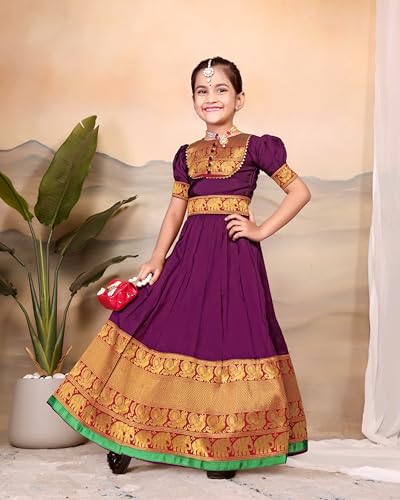 Image of Girls Silk Pattu Gown for Kids Traditional South Indian Long Ethnic Dress | Baby Girl Festival Pavadai Sattai Style Party Wedding Birthday Special Occasion Outfit