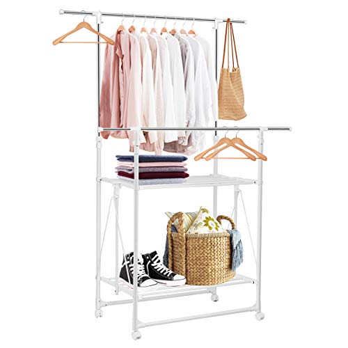 Tangkula Clothes Garment Rack Adjustable Rolling Heavy Duty Double Rail Folding Tower Shoes Clothing Storage Organizer with Wheels and Shelves 585 x 20 x 71