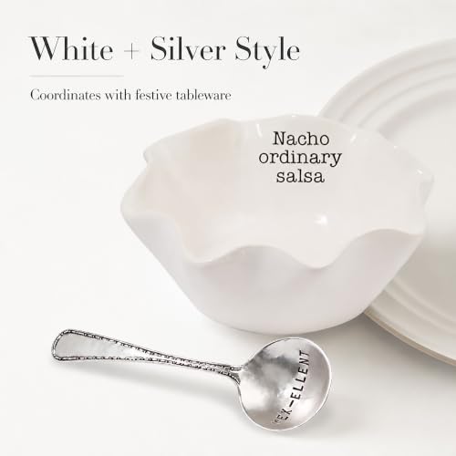 Image of Mud Pie Salsa Ceramic Dip Cup Set, Nacho, White & Silver
