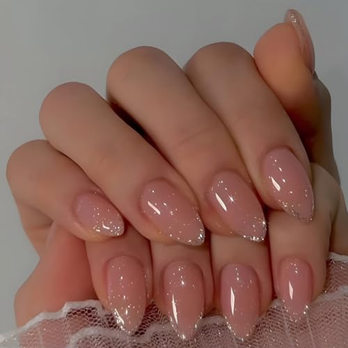 MERVF Press On Nails Medium - Almond Shape Glitter French Tips Design, Solid Color Acrylic False Nails 24pcs Glossy Finish