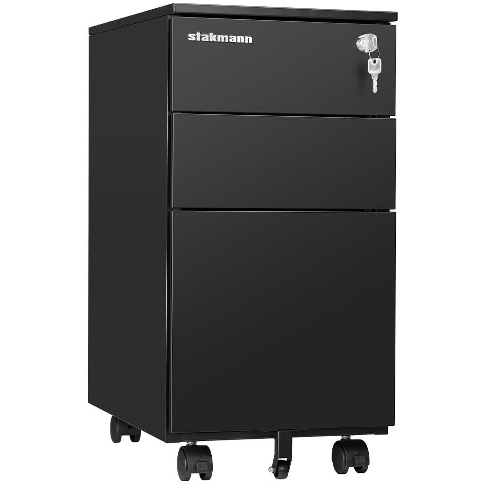 Armadio in Metallo da Ufficio con 2 Chiavi e Serratura, Cassettiera Nera Ideale per scrivania, Mobile Archiviazione Faldoni, Archivio Studio Porta Documenti, (2 + 1 Cassetti Nero)