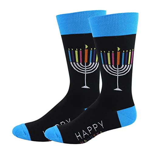 Pair of Womens Happy Hanukkah Colorful Menorah Novelty Crew Socks - Black