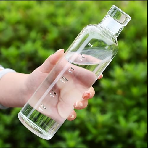 Image of Glass Water Bottle for Adults, Student Direct Drinking Freezer Safe, Leak Proof, Gym Travel On-The-Go Hotel-Style Design Borosilicate Glass Water Bottle With Time Marker (WHITE)
