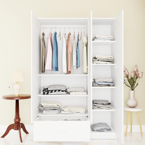 Image of VIKI Wardrobe | Wooden Almirah for 3 Door Wardrobe with 1 Drawer & Hanging Space with Mirror (Frosty White - 40D x 120W x 180.8H) | 1 Year Warranty | Free Assembly