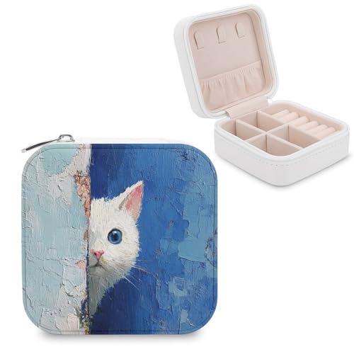 Jubonexis Joyero pequeño vintage con diseño de gato blanco que mira agrietado, organizador de joyas, portátil, de piel sintética, mini estuche de viaje