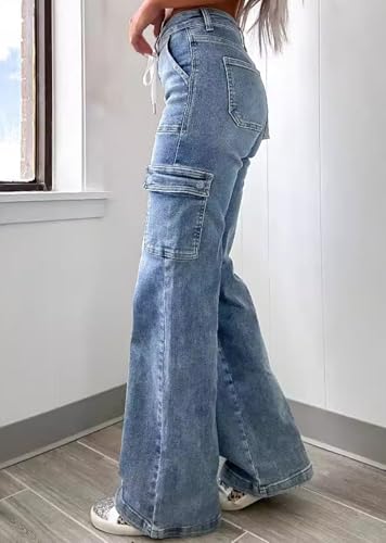 Unybwonn Women Straight Wide Leg Jeans High Waisted Baggy Strechy Casual Denim Trousers Boyfriend Drawstring Cargo Pants3
