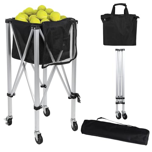 BBTEQEKN Tennis Ball Hopper, Portable Tennis Ball Basket for 150 Balls with Silent Wheels, Lightweight Aluminum Alloy Pickleball Ball Holder, Foldable Tennis Ball Cart for Practice, Training