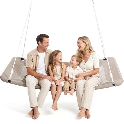 Image of Trekassy 700lb 60 inch Skycurve Platform Tree Swing for Kids and Adults, Wear-Resistant Textilene Fabric with 2 Hanging Straps (Beige)