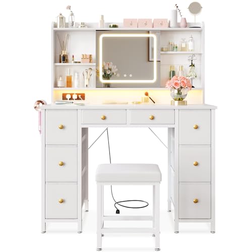 ODK Tocador con espejo LED móvil, enchufes USB integrados y barra de luz RGB, 8 cajones, tocador blanco 110 × 40 × 137 cm