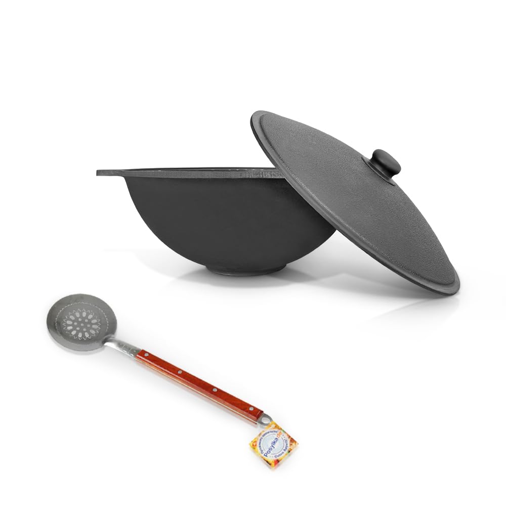 Hierro fundido Kazan 4,5 L, Tapa de aluminio, Espumadera, Cuchara para Plov, 40 cm, Uzbeko, Uzbecistn, Ollera WOK, Plov, Kazan, Horno de fuego, 6 mm, 17 cm, 28,2 cm, 36 cm