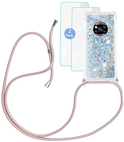Yutwo Funda para Xiaomi Poco X3 Pro/X3 NFC y 2 Cristal Templado, Brillo Brillante Liquida Carcasa de movil con Cuerda, 3D Sparkly Liquid Suave Silicona Ajustable Necklace Xiaomi Poco X3 Pro Cover Cover