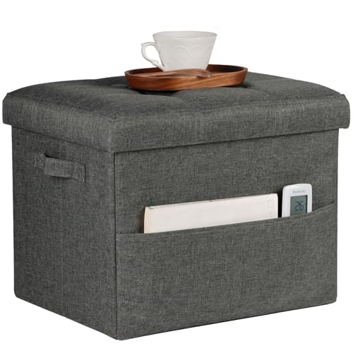 Image of Bsketa Storage Ottoman Bench,17 inch Folding Linen Foot Rest Stool,Dark Gray | Small Ottoman with Side Pockets, Thicker Foam Padded Seat, Livingroom, Dorm, Bedroom, Easy to install, 43L,17 x 13 x 13in