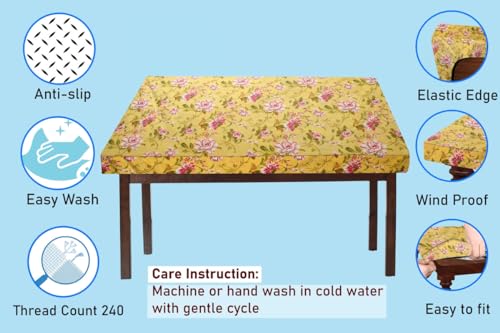 Image of The Furnishing Tree Elastic Cotton Square Dining Table Cover 42x42 in Inches Floral Pink Rose on Yellow Base