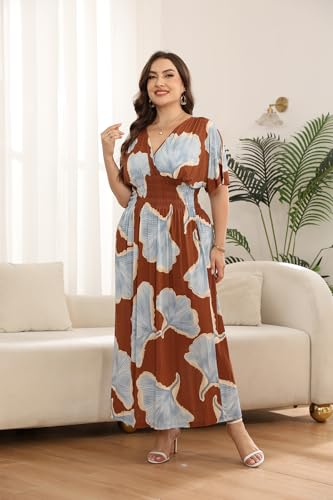Image of OSTOO Women's Plus Size Hawaii Empire Waist Bat Short Sleeve Casual Floral Print Boho Maxi Dress