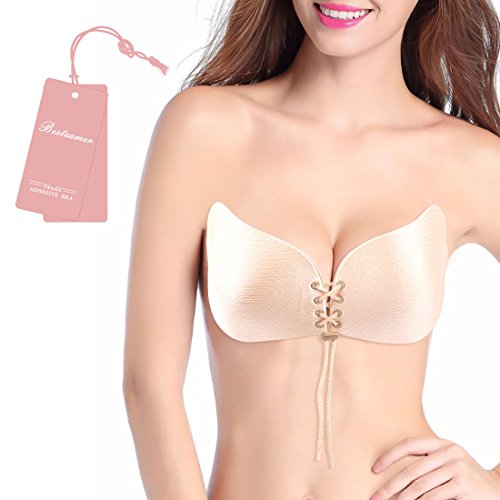 (New Version)Adhesive Bra,Womens Rope Adjustable Strapless Self Adhesive Invisible Push Up Silicone Bras With Drawstring,Nude,Cup C #TOP1