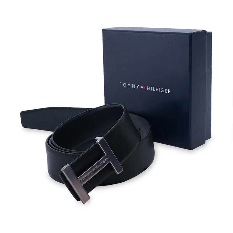 Image of Tommy Hilfiger Men'S Leather Reversible Belt Bulkeley - Matte Gunmetal H Buckle | Perfect For Formal And Casual Wear | Adjustable Waistband | Ideal For Gifting - S (80Cm)