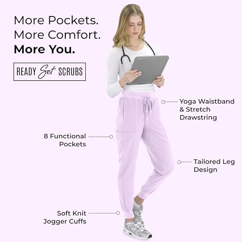 Image of READY SET SCRUBS - Scrub Pants for Women - 2 Pack - Cargo Jogger Pants Set with 8 Pockets - Yoga Waistband - Soft & Stretchy