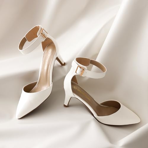 DREAM PAIRS Kitten Heel Low Heel for Women Closed Pointed Toe Pumps Wedding Party Sexy Dress Shoes Lowpointed,Size 8,White/Pu,LOWPOINTED
