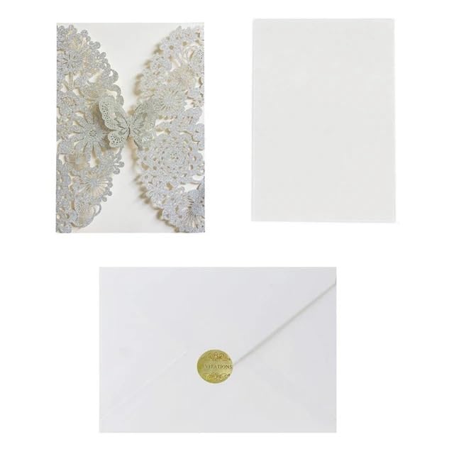 Hochzeitskarte 20 Set Schmetterling Einladungskarten Spitze Hochzeitseinladungen mit Umschlägen(Silver)