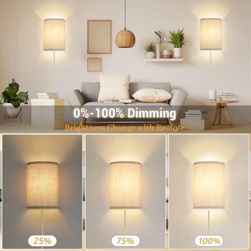 Image of FINCMY Wall Sconce Light Plug in, Dimmable Sconces Wall Decor Set of 2, Stick on Wall Lights for Bedroom Living Room Hallway, Plug in Wall Sconces with Remote, LED Bulbs Included
