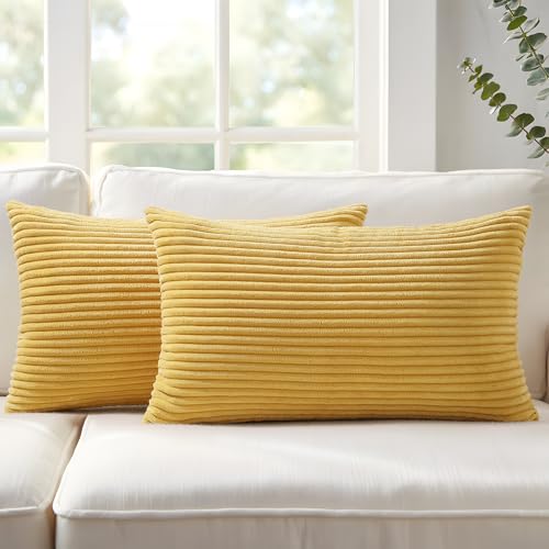 Mecatny Corduroy Decorative Throw Pillow Covers 12x20 Set of 2 for Sofa Living Room, Soft Neutral Boho Couch Pillow Covers for Home Decor, Mustard Yellow
