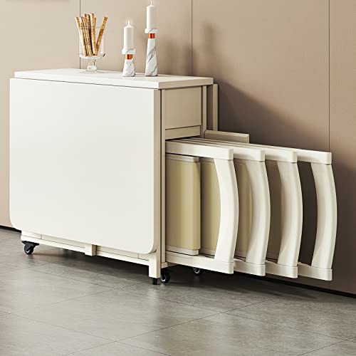 Juego de mesa de comedor extensible, mesa de madera maciza con 4 sillas que ahorran espacio, diseño plegable para el hogar comedor y cocina, acabado blanco