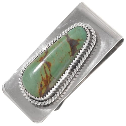 Navajo Turquoise Mountain Single Nugget Silver Money Clip Sterling Twist Wire Design on German Silver Clamp 3431