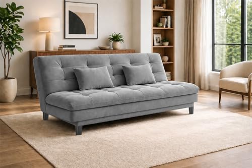 Image of 3 Seater Velvet Sofa Cum Bed, Tufted Convertible Sleeper Couch, Space-Saving Design, Comfortable Cushioned Seating - Grey Color
