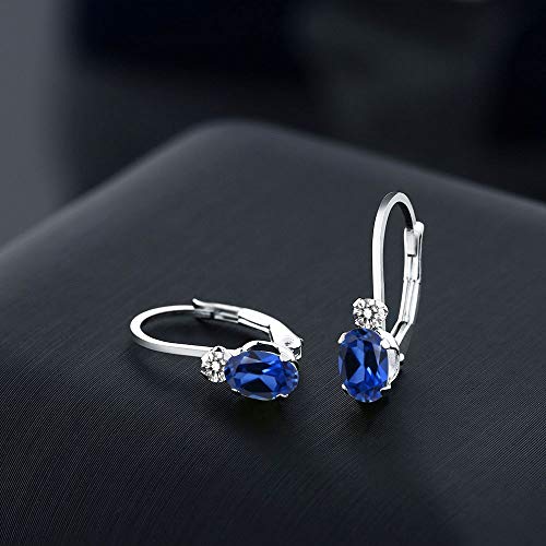 Gem Stone King 14K White Gold Blue Created Sapphire and White Diamond Leverback Earrings For Women | 1.07 Cttw | Gemstone September Birthstone | Oval 6X4MM, Round 2MM | 3/4 Inch3